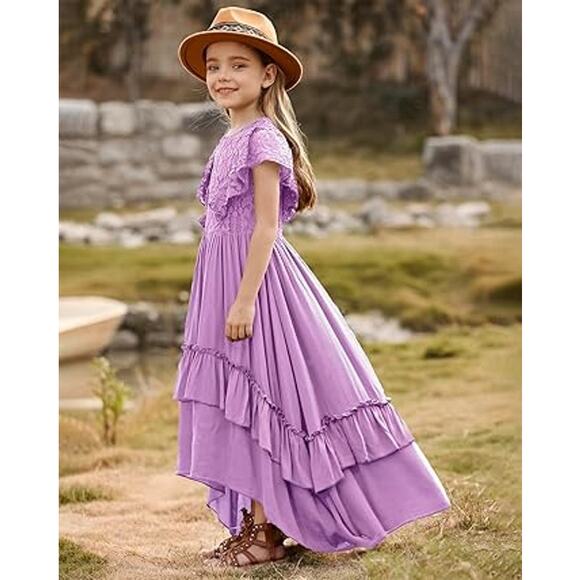BIBIHOU Girls Lace Dress Ruffle Sleeve Boho Girl Dress, Lavender 6Y - Picture 5 of 8